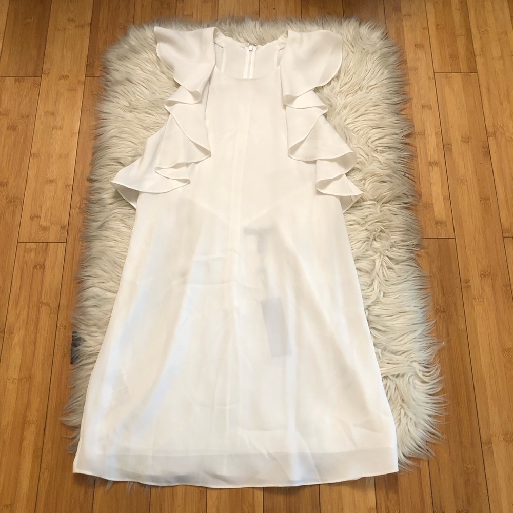 BCBG MAXAZRIA Jenni Ruffle Shoulder Racerback Chiffon White Shift Dress M NWT - Picture 3 of 14